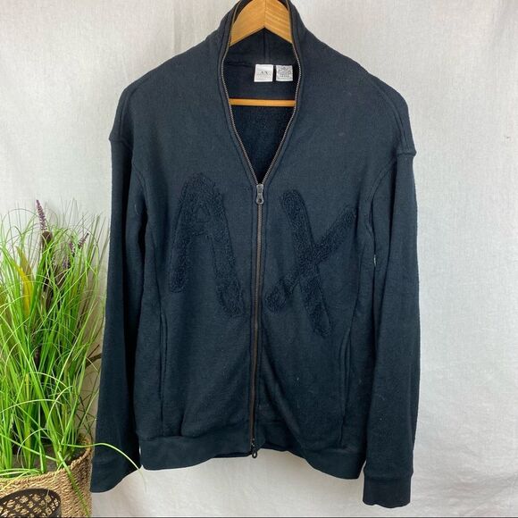 Armani Exchange Black Logo Chest Terry Zip Up Athletic Sport Collarless Jacket - Picture 2 of 7